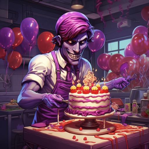 william afton from fnaf baking a cake, cartoon style, balloons in the background, purple hue