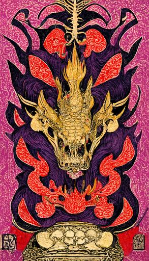 fire dragon, tarot card, 邪悪な魔術師 tarot card, sakura, skulls, purple paper sakura red and gold ink ornate detailed intricate illustration symmetry negative space style of ukiyo-e --ar 9:16