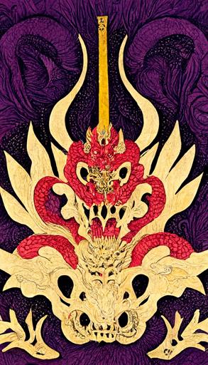 fire dragon, tarot card, 邪悪な魔術師 tarot card, sakura, skulls, purple paper sakura red and gold ink ornate detailed intricate illustration symmetry negative space style of ukiyo-e --ar 9:16