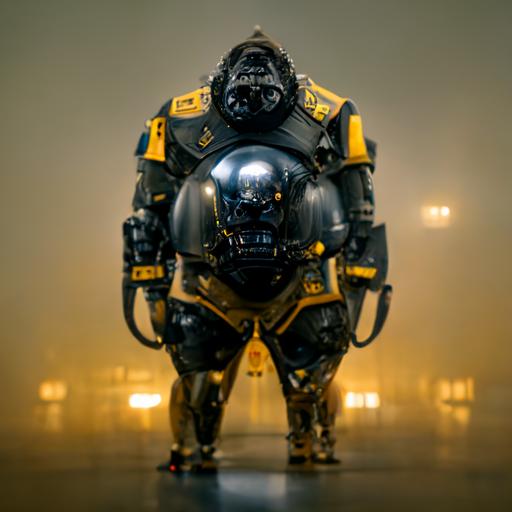 /full body gas mask gorilla robot, space marine, dreadnought Warhammer, Gold graphic flag in the background, perfectly symmetrical, sci-fi robot, C4d, character concept, hyperrealism, unreal engine renders, 8k, head and shoulders, 8k hyper detail.