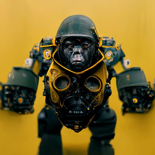 full body gas mask gorilla robot, space marine, huge arms with M134 Mini Gun mounted on, Gold graphic flag in the background, perfectly symmetrical, sci-fi robot, C4d, character concept, hyperrealism, unreal engine renders, 8k hyper detail.
