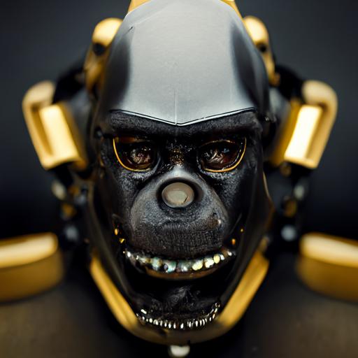 gas mask gorilla robot, gorilla fangs, fangs, diamonds, Gold Grill Tooth, perfectly symmetrical upper body, sci-fi robot, C4d, character concept, hyperrealism, unreal engine renders, 8k, Michael Weisheim Beresin, head and shoulders, 8k hyper detail. --uplight