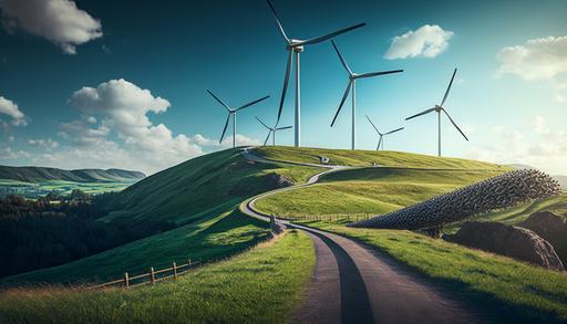 wind energy turbines, a vast wind farm situated on a rolling green hill landscape with a clear blue sky, the turbines are turning in unison creating a mesmerizing and peaceful feeling, Artwork, Realistic Landscape with a 24-70mm lens, --ar 16:9 --v 4 --v 4