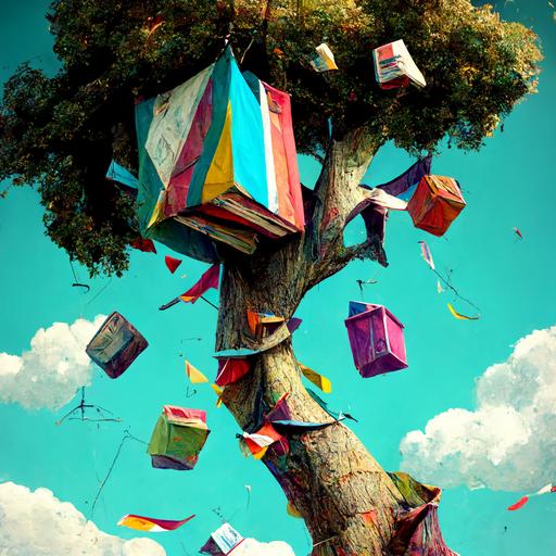 wind socks in a tree with boxes falling from the sky and a carnival barker is there