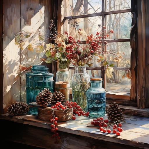 window sill , old farmhouse , frosty windows , cranberry garland , vase with pine cones ,old blue/green glass canning jars , faded fall arboreal leaves , watercolor , hd , 3d --s 500