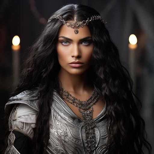 Gorgeous, arrogant, androgynous, male supermodel, age late 20’s, beautiful, smooth white skin, a cold, hard, sculpted face, perfect straight nose, perfect, slim arched brows, huge violet eyes, high ponytail of long, thick black hair, Venetian Carnival costume of Elven chainmail, Hyper-realistic, photorealistic, highly detailed