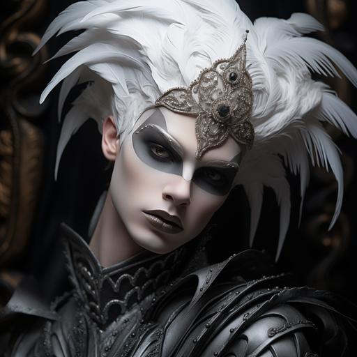 Gorgeous, beautiful, stunning, androgynous male late 20’s. Arrogant, sculpted, straight features, flawless white skin, slim, perfectly straight nose, perfectly arched brows, luminous grey eyes, long, thick, black hair. Venetian Carnival Phoenix costume, Hyperrealistic, ultrarealistic, photorealistic