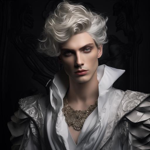 Stunningly beautiful and handsome androgynous male, early 20’s in age, the face of a proud angel, High cheekbones, slim, straight nose. Thick curls of shining silver hair, huge, long-lashed grey eyes, slim brows, Venetian Carnival Ice God costume, Photorealistic, hyper-realistic,highly detailed