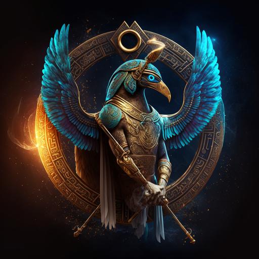 winged Horus with a halo holding a staff stick with pisces horoscope logo on it ultra realistic, 8K , dramatic light, cinematic