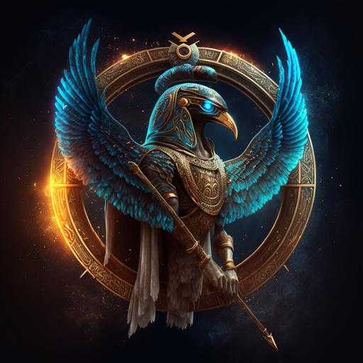 winged Horus with a halo holding a staff stick with pisces horoscope logo on it ultra realistic, 8K , dramatic light, cinematic