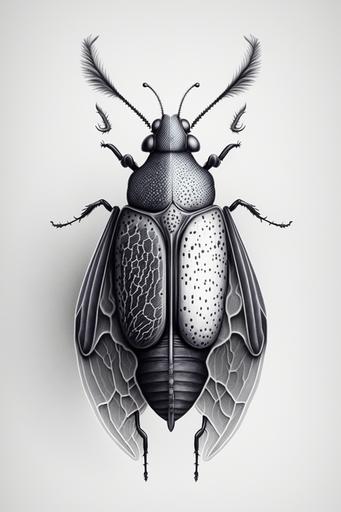 winged beetle, charcoal drawing, ballpoint pen drawing, detailed lines, digital drawing, 2d, white background, portrait, white background, duotone, black and white, tattoo design, 8k --ar 2:3