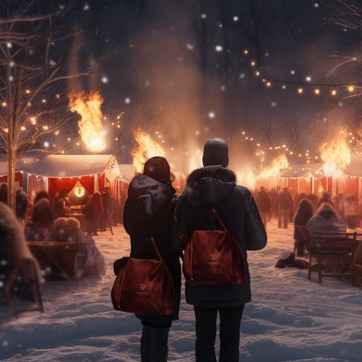 winter fair, cozy, outside, snow, winter, close up of fire, people holding red paper bags, photorealistic, 4K