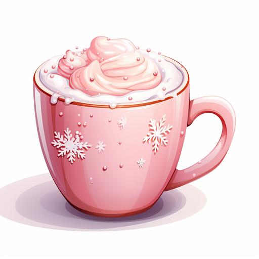 winter hot chocolate in pink mug, vector illustration, white background for removing background --no text watermark font watermark --s 250 --style raw