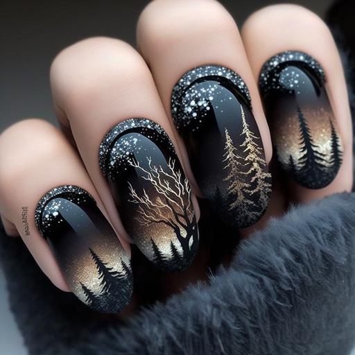 winter nail design inspiration with dark nail colours graphic nails art