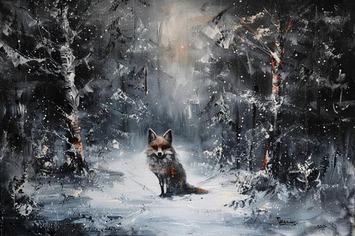 winter oil painting fox, dark colors --ar 3:2