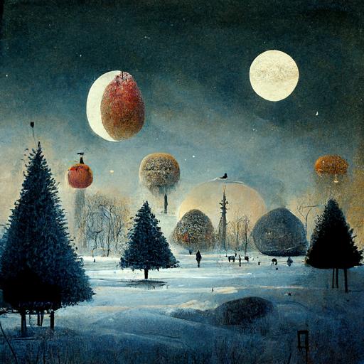 winter scene with giant apples, owls, candles, large moon, trees. realisitc. cold. lonely.