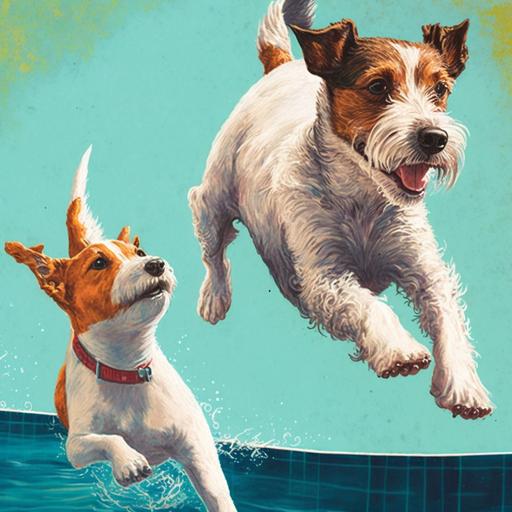 wire fox terrier and jack russell terrier jumping to a swimming pool