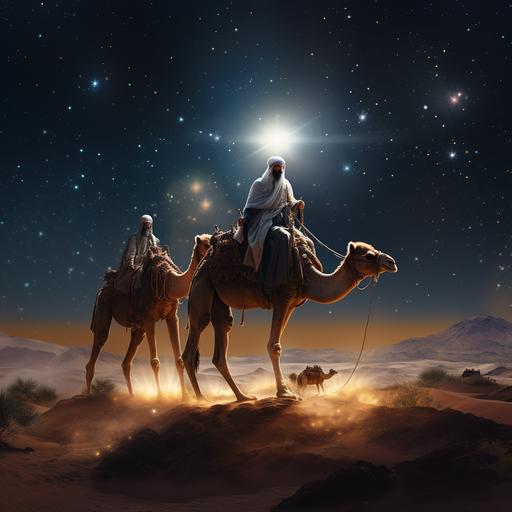 wise man riding camels briging gifts in a desert background at night with the star in the horizon