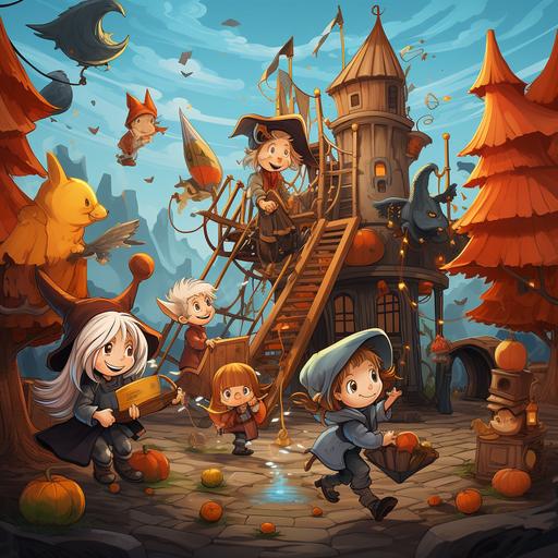 witch and wizard children playing in playground, cartoon whimsical style, vivid color,