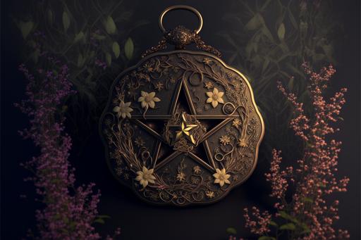 witch fantasy dark theme, vintage gold locket with wicca pentagram carving, surrounded by flowers, dark background, 8K, 16K, UHD, ultrarealistic, digital photo, cinematic lighting, full perspective, octane render, --ar 3:2 --uplight