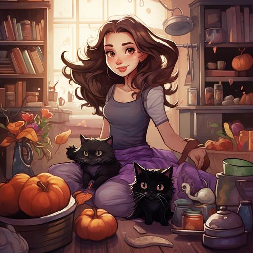 witch with long wavy brown hair and brown eyes with a black cat in a kitchen with witchy vibes and purpe colours sweeping floor with a broom, cartoon style and watercolour and magical