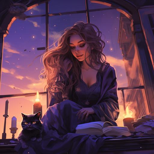 witch with wavy long brown hair and brown eyes, plus a cat on a bed in a loft style place in night time with moonlight streaming through the big square paneeled windows, candles, and lots of witchy decor, purple hues, mystical watercolour and cartoon style