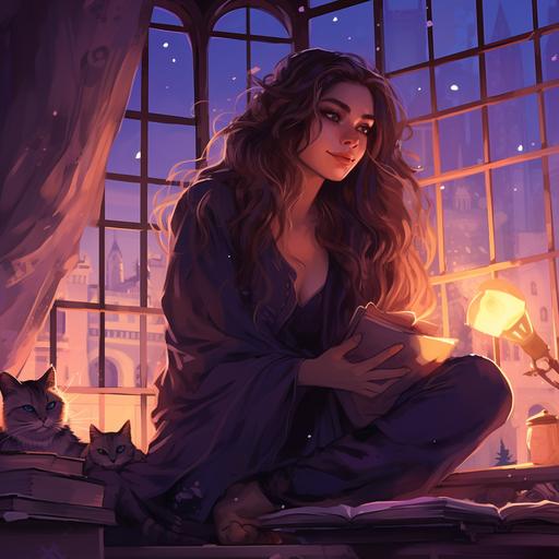 witch with wavy long brown hair and brown eyes, plus a cat on a bed in a loft style place in night time with moonlight streaming through the big square paneeled windows, candles, and lots of witchy decor, purple hues, mystical watercolour and cartoon style