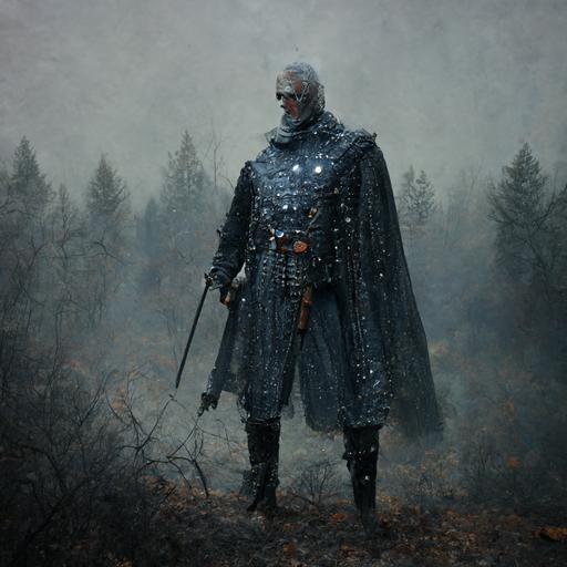 witcher male, blue eyes, in a dark grey cape and chain mail, leather gloves, leather boots, with a claymore scotish sword on back, foggy forest, hyper realistic, highly detailed