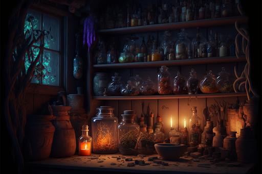 witch's cluttered potion closet filled with potion bottles tubes of apothecary ingredients, lining many tall shelves, feathers, elixirs, gemstones, rabbit paw, animal skulls, plants, leaves, dried herbs, fantasy mysterious dark ambiance, 8K, 16K, UHD, ultrarealistic, digital photo, cinematic lighting, full perspective, --q 2 --ar 3:2