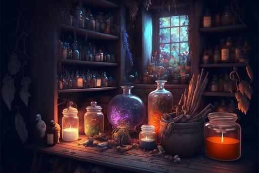 witch's cluttered potion closet filled with potion bottles tubes of apothecary ingredients, lining many tall shelves, feathers, elixirs, gemstones, rabbit paw, animal skulls, plants, leaves, dried herbs, fantasy mysterious dark ambiance, 8K, 16K, UHD, ultrarealistic, digital photo, cinematic lighting, full perspective, --q 2 --ar 3:2