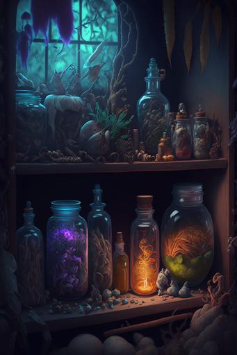 witch's cluttered potion closet filled with potion bottles tubes of apothecary ingredients, lining many tall shelves, feathers, elixirs, gemstones, rabbit paw, animal skulls, plants, leaves, dried herbs, fantasy mysterious dark ambiance, 8K, 16K, UHD, ultrarealistic, digital photo, cinematic lighting, full perspective, --q 2 --ar 2:3
