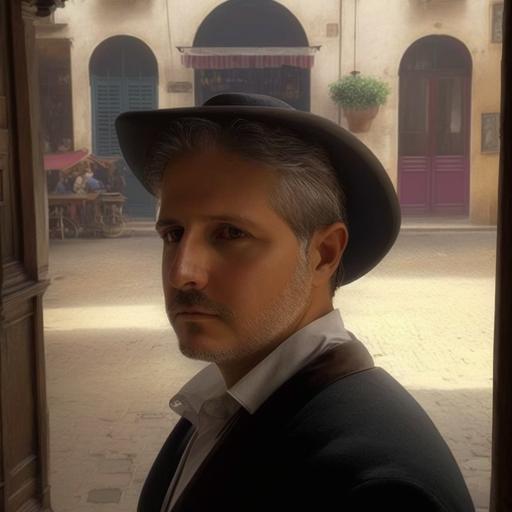 with a black suit, Italian hat, in a 19th century Italian town, realistic image,