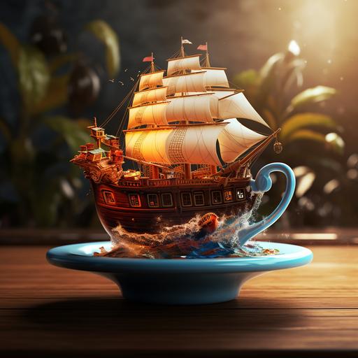 a cup of coffee in a mug with a pirate ship floating on top, realism, bright color, 4k
