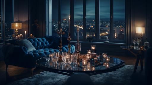 photographed with a fujifilm gfx 50s and a 50mm 1.2 lens, night view, high floor, full glass windows, red wines, full glass windows, 10-lane road outside the window, royal blue sofa, LOUIS POULSEN lighting, marset theia lighting, luxury brand lighting, white marble, gold frame, candles, flowers, cinematic lighting, film still, photo realistic, 8k, high details, cinematic lighting, --ar 16:9 --v 5 --s 1000 --q 2