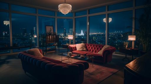 photographed with a fujifilm gfx 50s and a 50mm 1.2 lens, night view, high floor, full glass windows, red wines, full glass windows, 10-lane road outside the window, royal blue sofa, LOUIS POULSEN lighting, marset theia lighting, luxury brand lighting, white marble, gold frame, candles, flowers, cinematic lighting, film still, photo realistic, 8k, high details, cinematic lighting, --ar 16:9 --v 5 --s 1000 --q 2