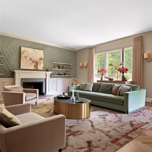 with a large gold coffee table in the middle, CB2 sofa and lounge chairs, built-in cabinets in light green with a cherry blosson wall mural as a backdrop on the walls behind the built-in cabinets and oak chevron floors