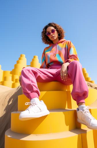 with a yellow top and blue skating shoes, the actress wears sunglasses and a pink outfit, in the style of dark orange and white, lowbrow, seaside vistas, colorful sand sculptures, rainbowcore, animecore, asymmetric balance, pigeoncore --ar 37:56