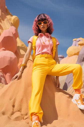 with a yellow top and blue skating shoes, the actress wears sunglasses and a pink outfit, in the style of dark orange and white, lowbrow, seaside vistas, colorful sand sculptures, rainbowcore, animecore, asymmetric balance, pigeoncore --ar 37:56
