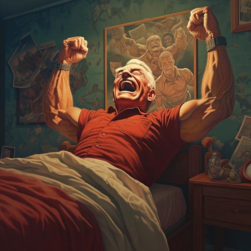 with alarm in the forefront and in the background a older muscular gentlemen waking up with a big smile and flexing and stretching his arms as he wakes up from sleeping in bed, but still laying in bed, wrestling posters on his wall in the background