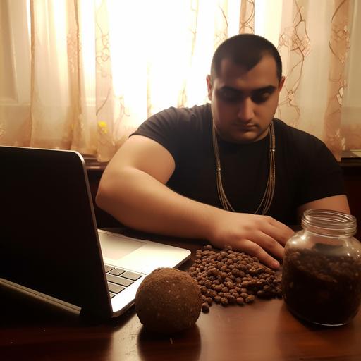with fit body, coding on a laptop, protein shaker, rudraksha mala