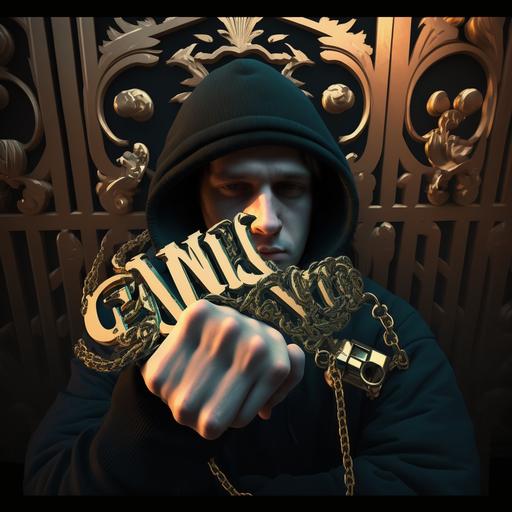 with golden chains, gothic text and gangster style, guns, weed, bankrolls, 8k