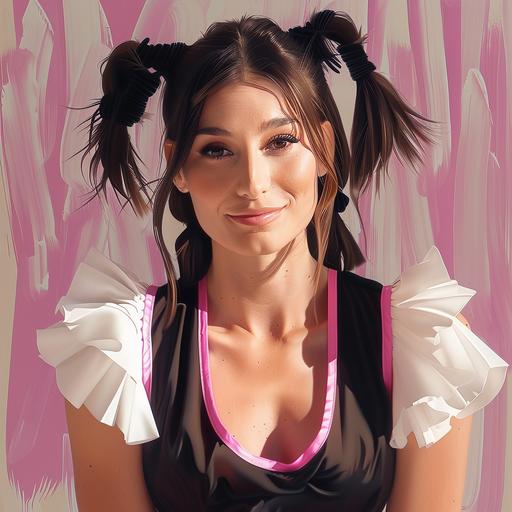 with space buns hair dressed as a cheerleader with a magenta and black uniform