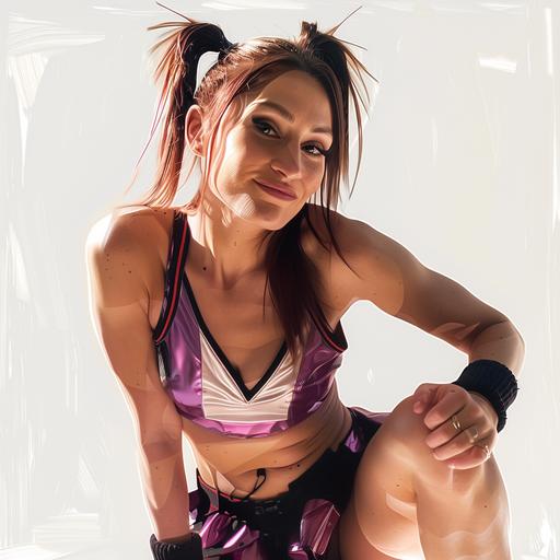 with space buns hair, wearing a magenta and black cheerleader outfit, kicking one leg in the air, full length portrait photo