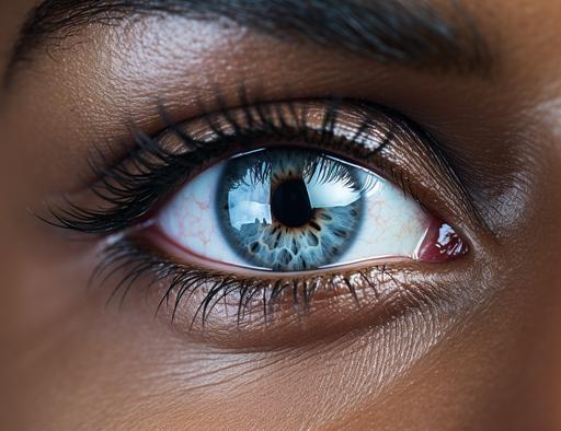 with the natural contours of a face and a full face, the woman's eyes are perfect, in the style of macro lens, sky-blue and silver, back button focus, synchromism, consumer culture critique, teethcore, high resolution --ar 13:10