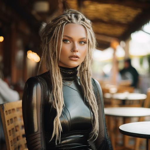 with thick blonde dreadlocks  in a shiny black pvc catsuit --v 5.2 --s 250
