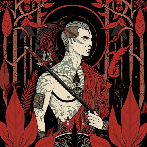 Art nouveau Kay Nielsen style and illustration deep red Tribal hemomancer sangromancer warrior cleric with tattoos young adult man with ear and facial piercings carrying a maul weapon at a forest temple for a fairy tale