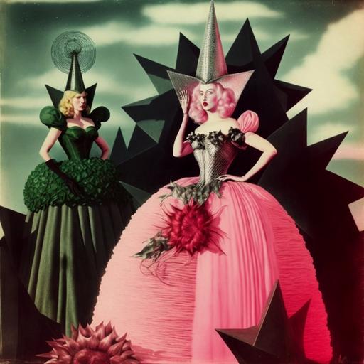 wizard of oz, whimsical, surreal, giant roses, giant poppies, giant daffodils, two women, one woman wears a poofy pink tulle dress decorated with silver stars and a large pink crown and silver shoes, one woman has green skin and wears a long black dress with a tall black witches hat, 1940s, surrealism, giant ruby-red high-heel shoes, small pond with a bridge, yellow-brick-road
