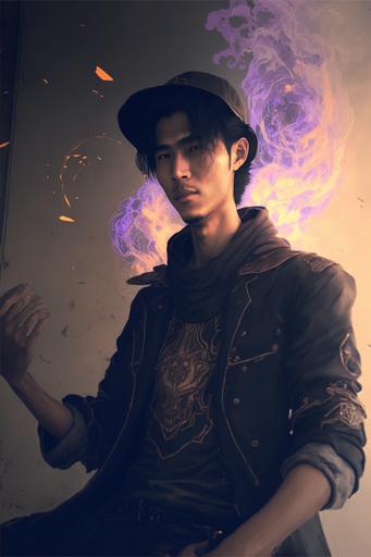 wizard, prince, hood, full body, holding a magic wand with a purple glowing magic energy, fantacy background, illustration, anime character style, digital drawing, highly detailed, energy airbone, camera full body wide view  , --ar 2:3 --v 4