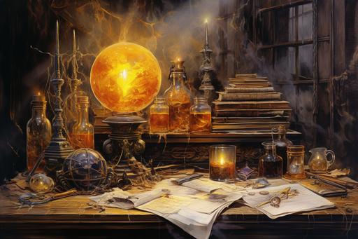 wizard study, mystical, enchanted, spellbooks, potions, alchemy, ancient scrolls, magical artifacts, celestial maps, arcane symbols, crystal ball, glowing candles, ink and quill, mysterious, wise, secret chambers, mythical creatures, eldritch energy, Gothic, oil on canvas --ar 3:2 --q 2