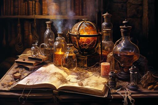 wizard study, mystical, enchanted, spellbooks, potions, alchemy, ancient scrolls, magical artifacts, celestial maps, arcane symbols, crystal ball, glowing candles, ink and quill, mysterious, wise, secret chambers, mythical creatures, eldritch energy, Gothic, oil on canvas --ar 3:2 --q 2